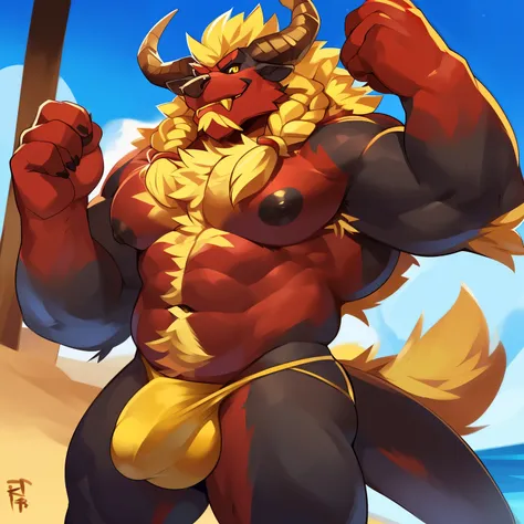 Solo, anthro, male (((behemoth, black sclera, yellow eyes, black pupils, broad shoulders, muscular, huge pecs, abs, black nipples, black body, black scales, red body, red scales, red chin, red chest, red abdomen, blonde body hair, blonde hair, braided hair...