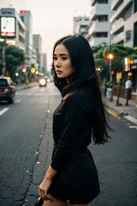  A Indonesian woman   face like demi moore,.  Black long hair blowing in the winds ,  walking on the road, Bokeh jakarta city background 