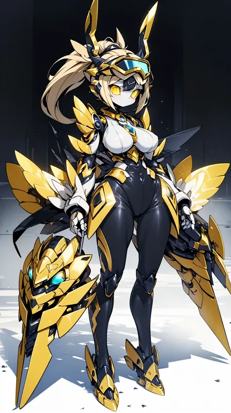 Golden Mechanic ， Blonde Hair ， Gold Armor ， Heavy Gold Armed ，Mecha Girl，Glowing eyes，Goggles，Single ponytail hairstyle， Full Body Black Tights，Black bottom coat，Black gel coat，Thin waist and wide hips， thick thighs ，Big breasts，Big breasts