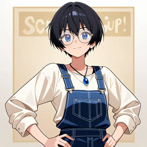 　 girl　 Japanese　 black hair　 short hair　Glasses　confident　 anime style　 cute　Overalls　Roll up your sleeves　Hands on hips　Holding tools　blue pendant on the neck