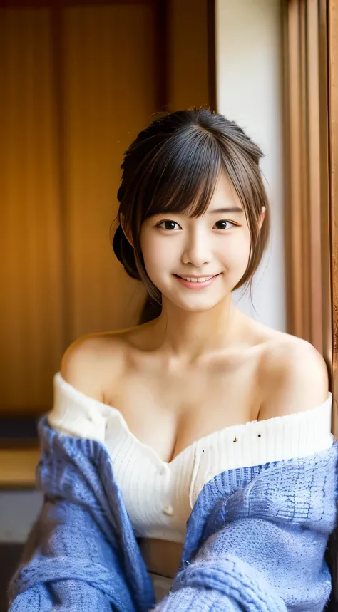 masterpiece,best quality,(Japanese girl),((Beautiful girl)),cleavage,(off shoulder:1.2),(perfect body beauty:1.2),(shy smile),From slightly above