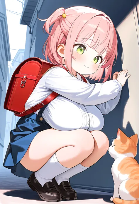 (ultra-detailed),(Squat down and reach out),cat,(Alone,toddler:1.4), Long Sleeve White Blouse ,tented shirt,blue suspender skirt, white knee-high socks , loafers , red backpack, pink hair,blunt bangs, bob hair, One Side Up ,(cute light green eyes ),(Happy)...