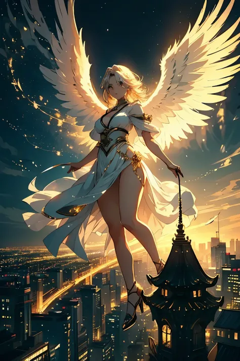 The image is、 depicts a female angel drifting over the city at night.。. The city lights are golden and 、 creates a dramatic atmosphere  ,   Its delicate presence and black feathers 、 in contrast to the urban environment 。. Women seem protective and cautiou...