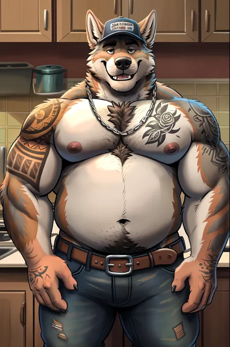 highest res,coyote,anthro,4 fingers,best most realistic detailed accurate blurred background,male aged in early 40's,musclegut,musclegut anthro,musclegut male,tail,standing in kitchen of best most realistic detailed accurate trashy mobile home in rural flo...