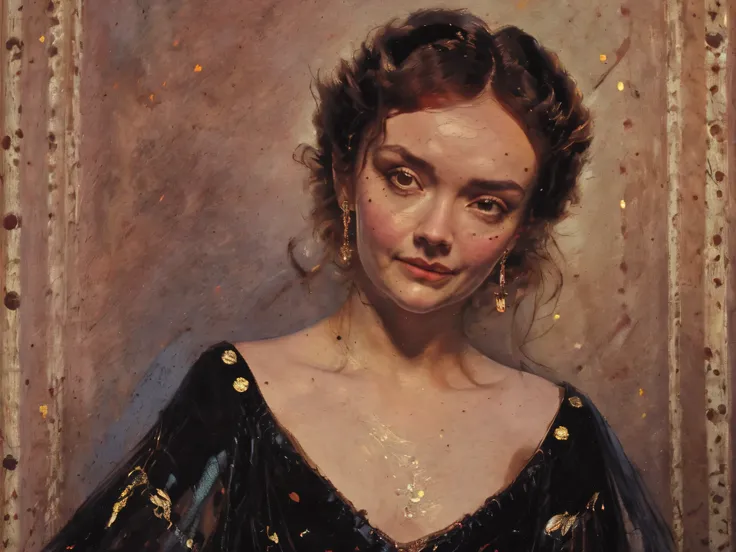 score_9, score_8_up , score_7_up , score_6_up ,  1girl , Olivia Cooke full body.  She is wearing a tight black dress .  dynamic pose , Graceful pose , a faint smile on his face , pale skin and  ( spots),  in the style of an oil painting by Frank Frazetta  ...