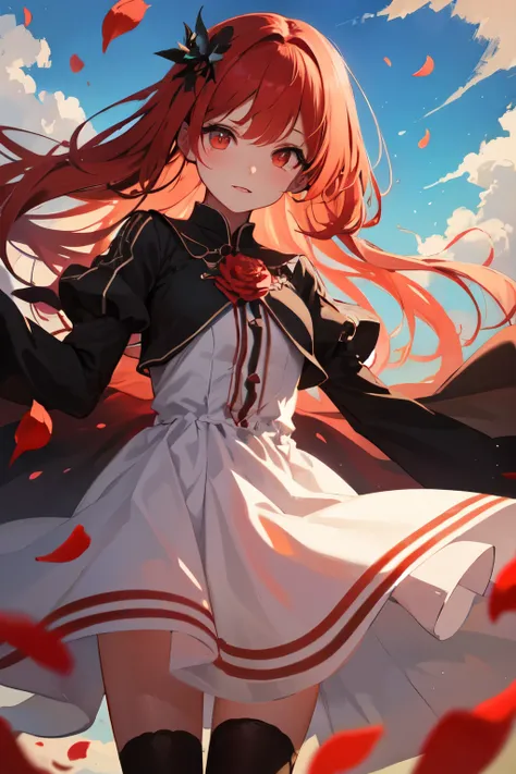 Redhead wafting with the wind， glowing red eyes，Petals shed ， masterpiece，Clouds around，Black cuffs，Dress， girl，