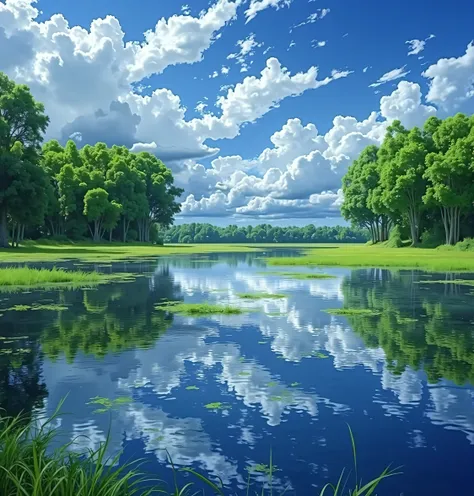 "Hyper-realistic beautiful natural landscape, calm reflective lake, lush green trees, vibrant blue sky with fluffy white clouds, clear and bright atmosphere, peaceful and serene, slight ripples on water, soft grass in the foreground, distant tree line, war...