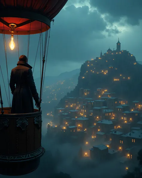 A dark fantasy nighttime view from a hot air balloon approaching a sprawling ancient city perched on three prominent hills during a stormy winter night. The balloon soars through rain-filled air toward the illuminated slopes of the city.

In the foreground...