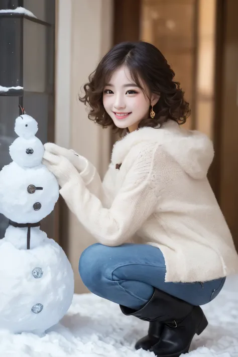 beautiful 19-year-old girl, masterpiece, best quality, (very short strong perm hair, fluffy jacket, fluffy boots, fluffy pants), happy smile, diamond earrings, diamond necklace, diamond bracelet, diamond ring, ((making a snowman)),squatting pose, face seen...