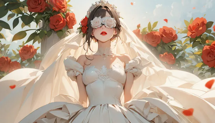 (masterpiece, best quality:1.2), a beautiful woman，Cover your eyes with red flowers, red lips，Wedding dress，thin waist