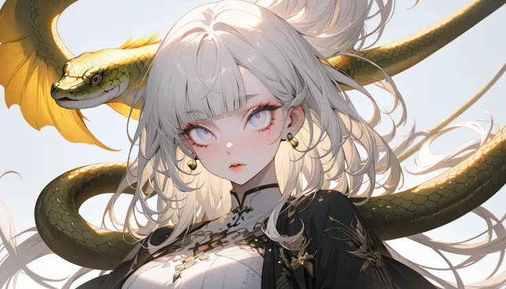 (Best Quality,Very detailed,High resolution:1.2),Albino beautiful girl，Heavy bangs，Long eyelashes，Cool look，Anaconda on shoulder，