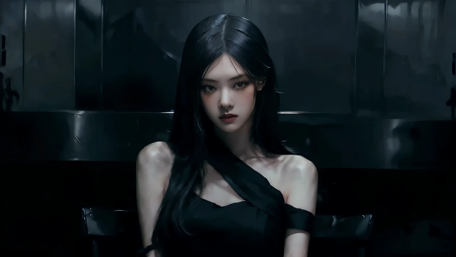 (best quality, highres:1.2), realistic, black dress, black hair, dark theme, black background, dark ninja, intense gaze, elegant posture, flowing dress, detailed facial features, long eyelashes, contrast, fine details, dramatic atmosphere, gothic style, in...