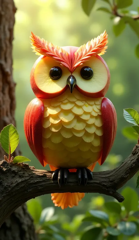 Owl made of apples in Sitting on a tree branch in the forest 