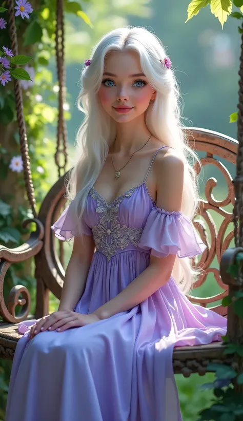 A beautiful young princess( beautiful blue eyes.  White hairs. Light purple beautiful dress. .) Sitting  in a beautiful swing  in the garden full HD realism