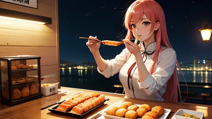 A woman drinks salmon at an oden stall in the middle of the night。anime