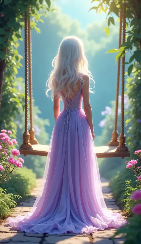 A beautiful young princess( beautiful blue eyes.  White hairs. Light purple beautiful dress. .) Standing infornt of beautiful swing only back view of princess shoe  in the garden full HD realism