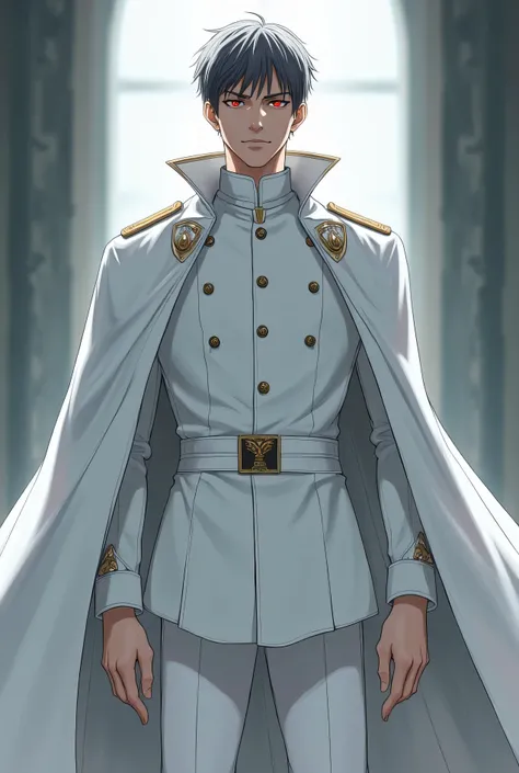 handsome man in white military uniform anime red eyes full body cloak