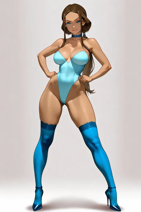 katara from avatar the last airbender, dark brown skin, blue eyes, brown hair, long hair, round breasts, wasp waist, hips, thighs, long legs, modeling her body to the viewer, horny, slutty, blue choker, blue leg stockings blue high heels facing view, seduc...