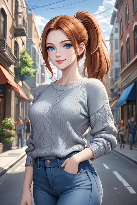 (masterpiece, best quality, 8k, high definition), whole body, 1 woman, white skin, light auburn hair in a ponytail, mid-chest, blue eyes, soft lips, beautiful face, natural light, detailed background, detailed illustration art, wearing blue jeans, grey swe...