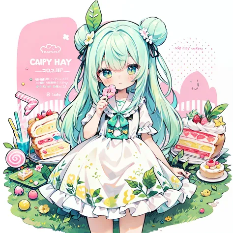  1 girl, ((character information)、( CHARA LEAF )、Pastel pale colors, ( Yellow Color Palette .:1.2, green:1.2,  pink:1.2), (green hair bun and blonde),  stylish short skirt , Sit on the sweet candy throne ,   Disney  , donut,  splash with Nishimiya Sho, can...