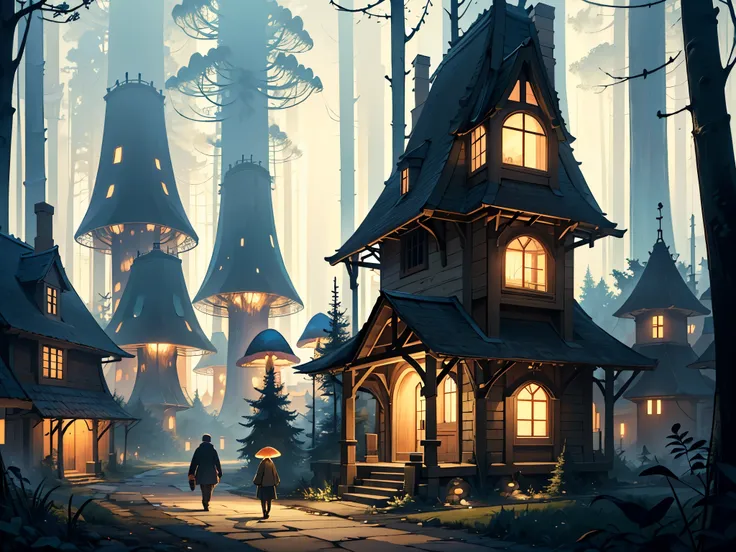 Extremely detail scene in middle of a tree top forest. Giant branches are roads to dimly lit mushroom like roofs. This is a city of branches and mushroom homes. Smoke billowing up from little chimneys. Soft glows within each home showing signs of life with...