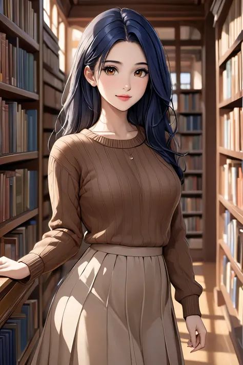 (masterpiece, best quality, 8k, high definition), whole body, 1 woman, medium-length dark blue hair, mid-chest, brown eyes, soft lips, beautiful face, wearing a brown sweater and long skirt, natural light, detailed background, Detailed Illustration Art, sh...