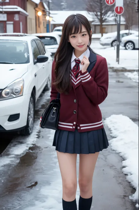 A girl (Twenty years old, Japanese face) is wearing high school uniforms with mini skirt at snowy town.