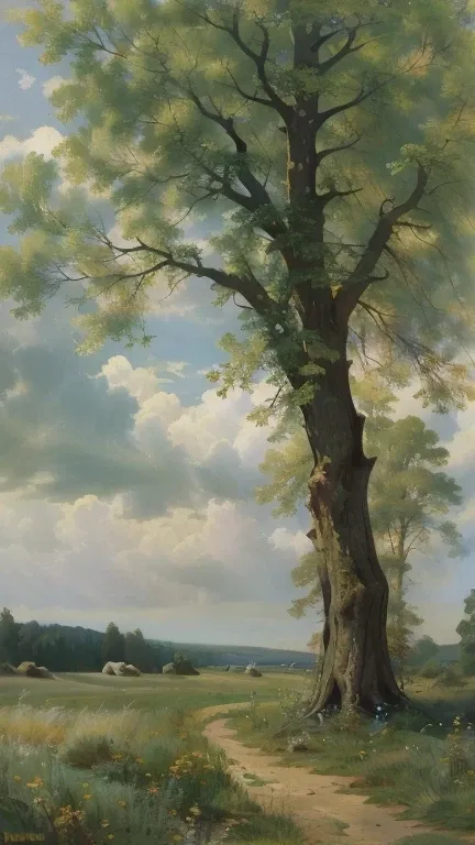 Oil paints , acrylic paint ,tmasterpiece, renaissance style ,The best quality , Golden Space , idyllic landscape ,present ,The tree,,herboso,sky sky,clouds ,transparente, Realistic landscape painting,Author:Levitan, Traveling schools