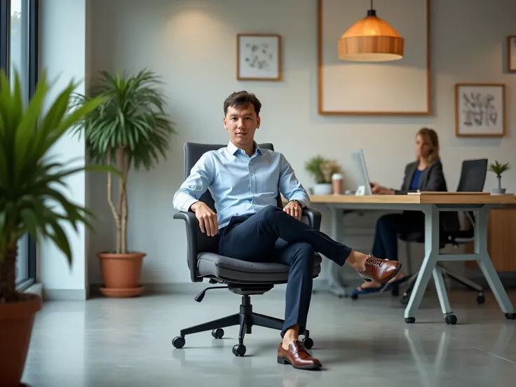 reimage into a professional casual attire sitting in an office chair with aesthetic office background