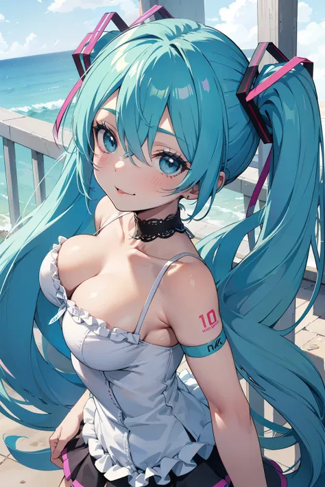 Hatsune Miku，translucent， White Mini Bikini，Color ，stick out tongue，Big breasts