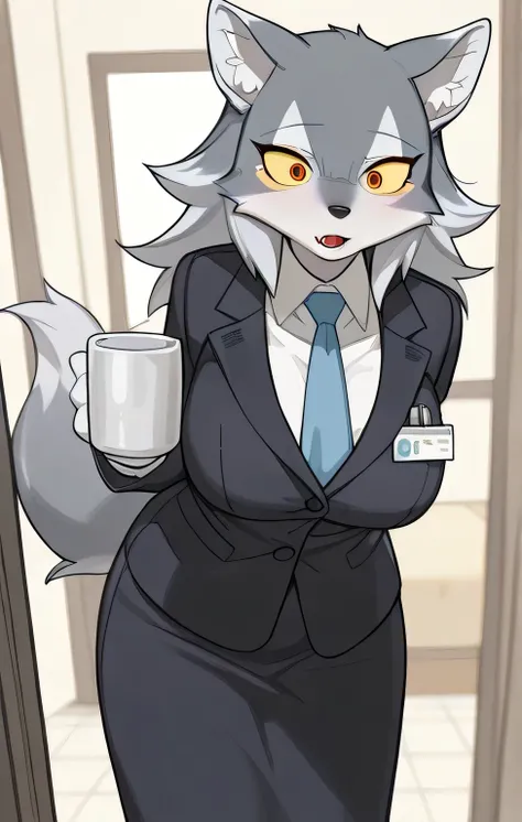 in,  top quality, Masterpiece、 cartoon anime、 gray wolf 、secretary、 suit、 long skirt 、Straight face、Female Furry、I held a mug