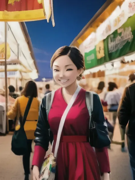 A lively night market. The woman is dressed in casual clothes, carrying snacks, and her face is full of joy and contentment.