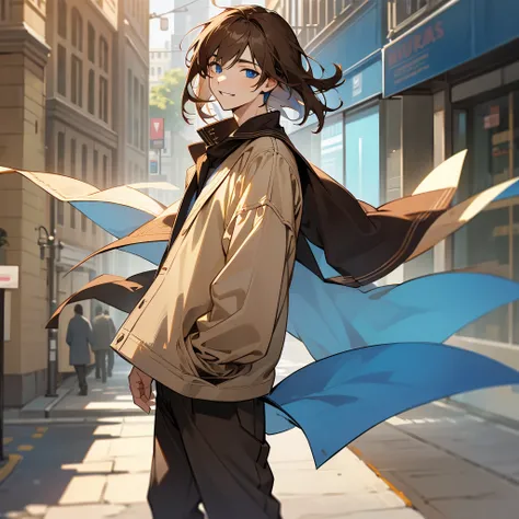 1male, adult, finely detailed blue eyes, (straight medium hair), brown hair, casual clothing, layered clothing, happy expression, (perfect generation), standing on street, detailed background