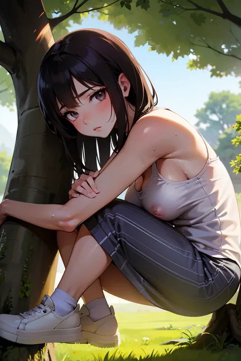 A young girl, likely Asian, with short, dark brown hair, is depicted in a park-like setting. She is positioned leaning against a tree trunk, slightly off-center to the right side of the image. The girl is facing slightly to her left, and her gaze is direct...