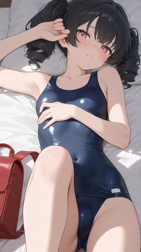 Masterpiece, top quality ,  high resolution,  black hair,  barrettes,  Japanese school swimsuit, Carrying a red backpack from Japanese school,  small breasts,  pink eyes ,  shy expression, having a bird's-eye view,  lie down in bed,  Japanese illustration ...