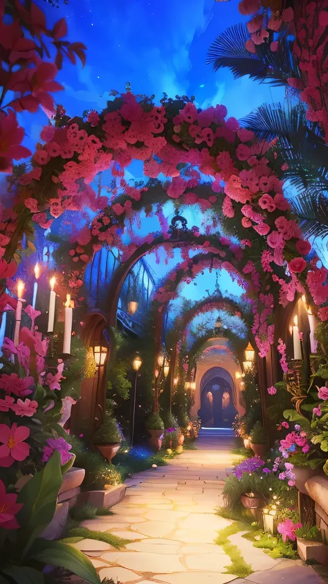 arafed archway of flowers and candles in a garden, archways made of lush greenery, pink arches, fairy tale setting, beautiful setting, fantastical setting, blossoming path to heaven, stunning arcanum backdrop, glamorous setting, beautiful eden garden, phot...