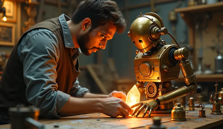 "A male inventor holding a glowing crystal powering a brass robot he's building."
