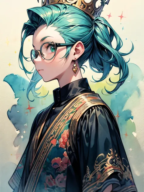 sideview,(looking at viewer),Alone,upperbody,handsome face,glasses,(mint green color Side undercut),forehead,head with crown,slim muscles,Intelligent,Philosopher's Clothes ,best quality, top quality, best quality, like a painting, watercolor painting style...