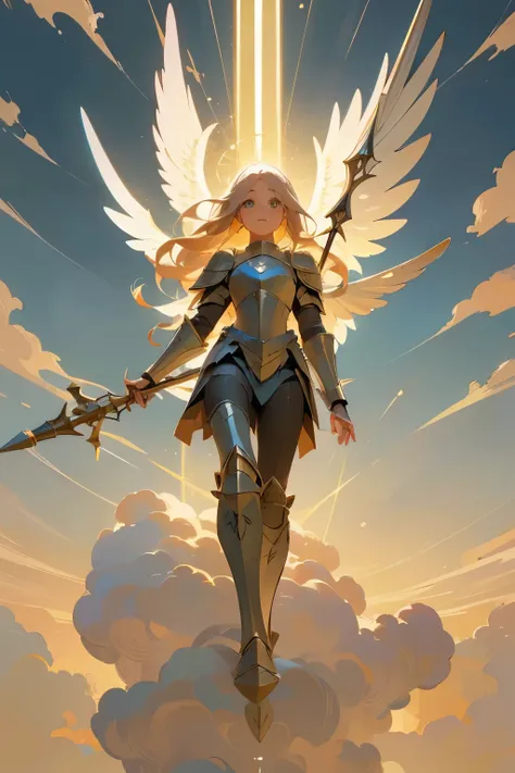 ( young female angel in armor :1.2)、(  Valkyrie  )、 ( Holding a spear )、(whole body)、 portrait，   detailed face,   detailed skin,   beautiful hair、 floating in the sky、Standing on the Clouds、Mysterious Light、 Klimt Style 、Ink Art, Fibonacci,  (  top qualit...