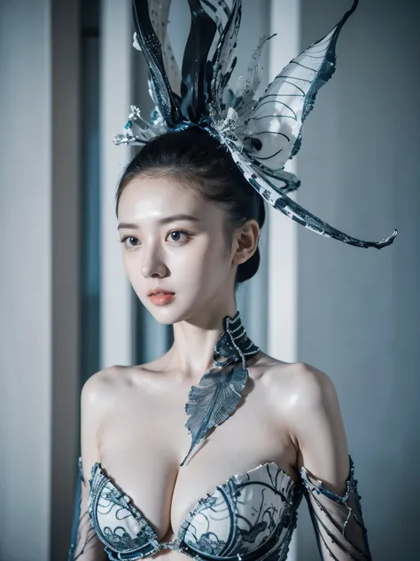 Clothing creative fashion design，Iris van Herpen designer style，Marine life curve，Sense of lines，bone structure，Symmetrical design，Blue and white lines，Highlight sexiness，Japanese model，big breasts，Hot