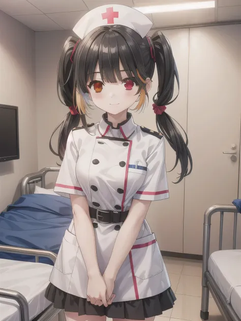 Depict a 20-year-old, very beautiful woman in a hospital room. She is wearing a nurse cap and a mini-skirt style white uniform. Her expression is shy, and she is smiling gently. The setting includes medical equipment and furnishings typical of a hospital r...