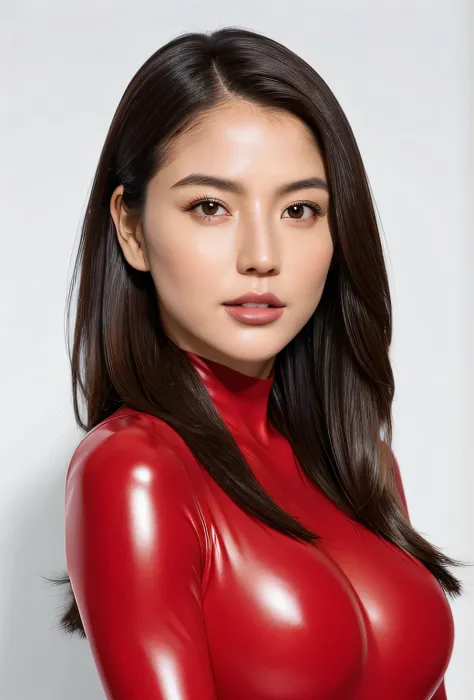 masterpiece, best quality, highly detailed face, perfect lighting, best quality portrait photo of very beautiful woman in a seamless skin-tight red rubber bodysuit, showing off her seductive appearance, full-body shot, glossy white background