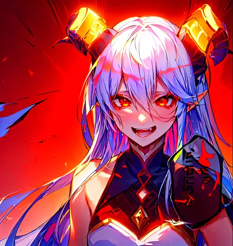 anime character with horns and a black dress with red eyes, white horns queen demon, mika kurai demon, keqing from genshin impact, demon anime girl, albedo from the anime overlord, white haired deity, she has elf ears and gold eyes, with horns, demon girl,...