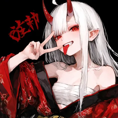 small breasts, white hair, ahoge, long red oni horns, horn on forehead, off-shoulder kimono, long hair, grin, solo, 首を傾ける, sarashi, Bleached cloth, face forces, Baby Face, v over tongue 