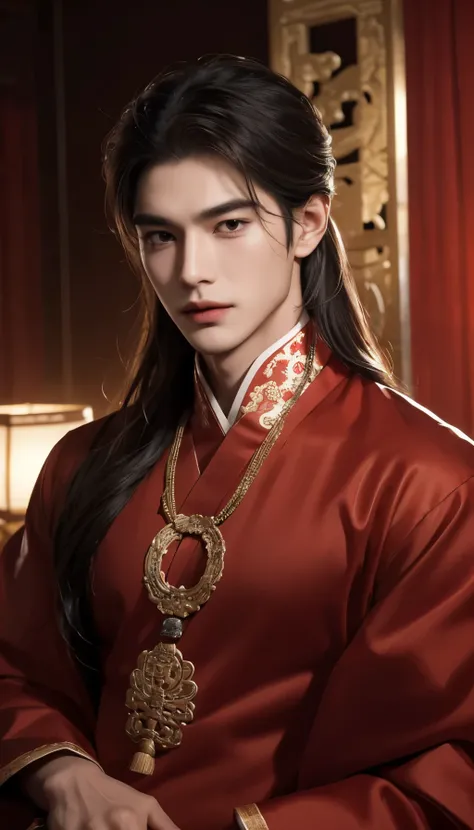 A handsome young man wearing an ancient Chinese dress, a black Han dynasty, long hair, black, completely folded men's jewelry, a handsome face, a sweet, mellow face, a dark brown eyebrow, a pointed nose, a sharp face, a sharp one-piece look at the audience...