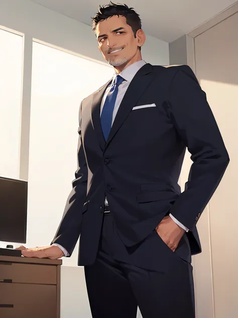 masterpiece, high quality, (50 year old man:1.5) and (short black hair) and (brown eyes), (suit) and (blue tie), (smug:1.4), open mouth, alone, standing, in the office room,
