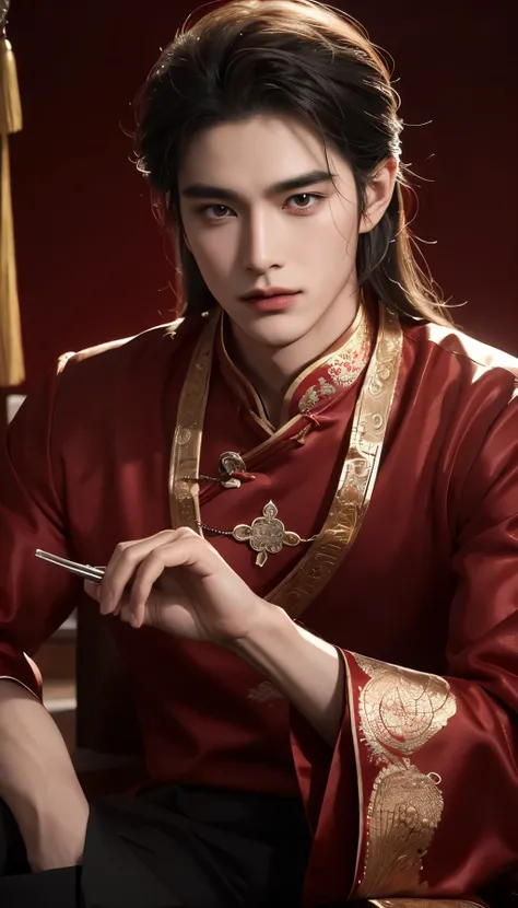 A handsome young man wearing an ancient Chinese dress, a black Han dynasty, long hair, black, completely folded men's jewelry, a handsome face, a sweet, mellow face, a dark brown eyebrow, a pointed nose, a sharp face, a sharp one-piece look at the audience...