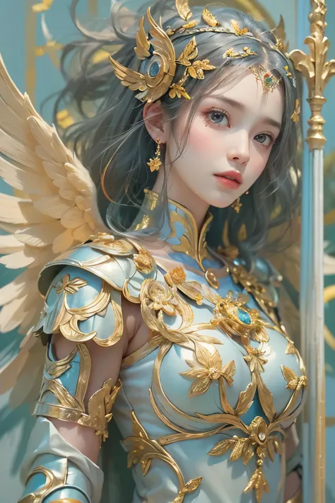 ( young female angel in armor :1.2)、(  Valkyrie  )、 ( Holding a spear:1.2 )、 (whole body)、    detailed face,    detailed skin,    beautiful hair、 Klimt Style 、Ink Art, Fibonacci、  Exquisitely decorated 、Delicate , Colorful painting .,   this piece evokes a...