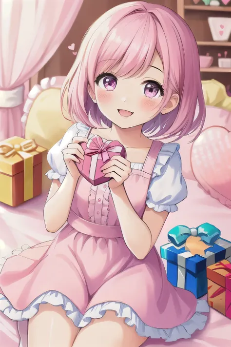 Top quality, high resolution, detailed, beautiful picture quality, one girl, cute pale pink dress with frills, short hair,  lolicon feeling, smiling face, cute design based on pink, overall sweet and dreamy atmosphere, hearts and gift boxes are drawn in th...