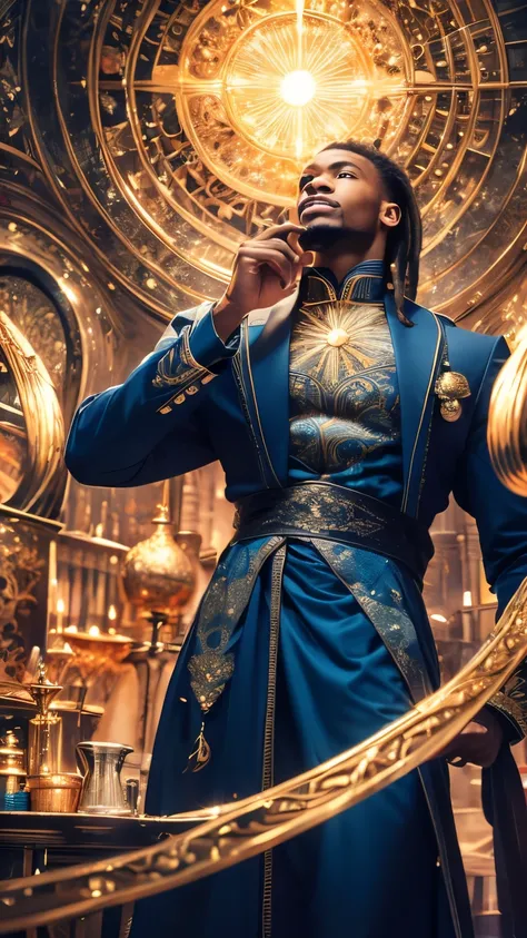 Black man in blue suit With dreadlocks and Angel wings holding a golden compass in front of a table Of artistic instruments and magical tools, Standing alone, Persian fractal patterns in background, Celestial stars fade to black upper image, Camera angle u...